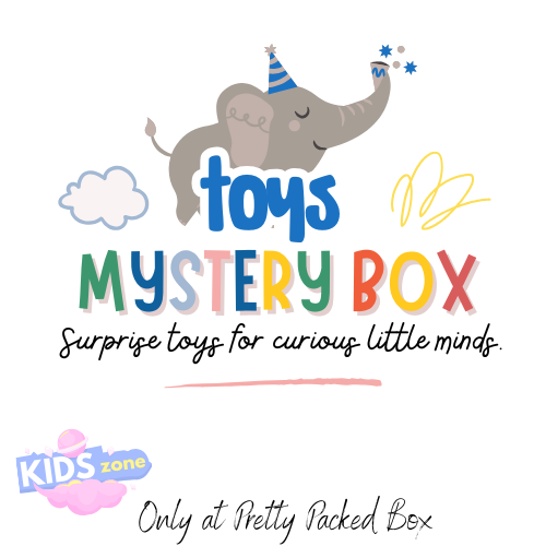 Kids and toys mystery box from Pretty Packed Box with mixed toy liquidation and surprise items.
