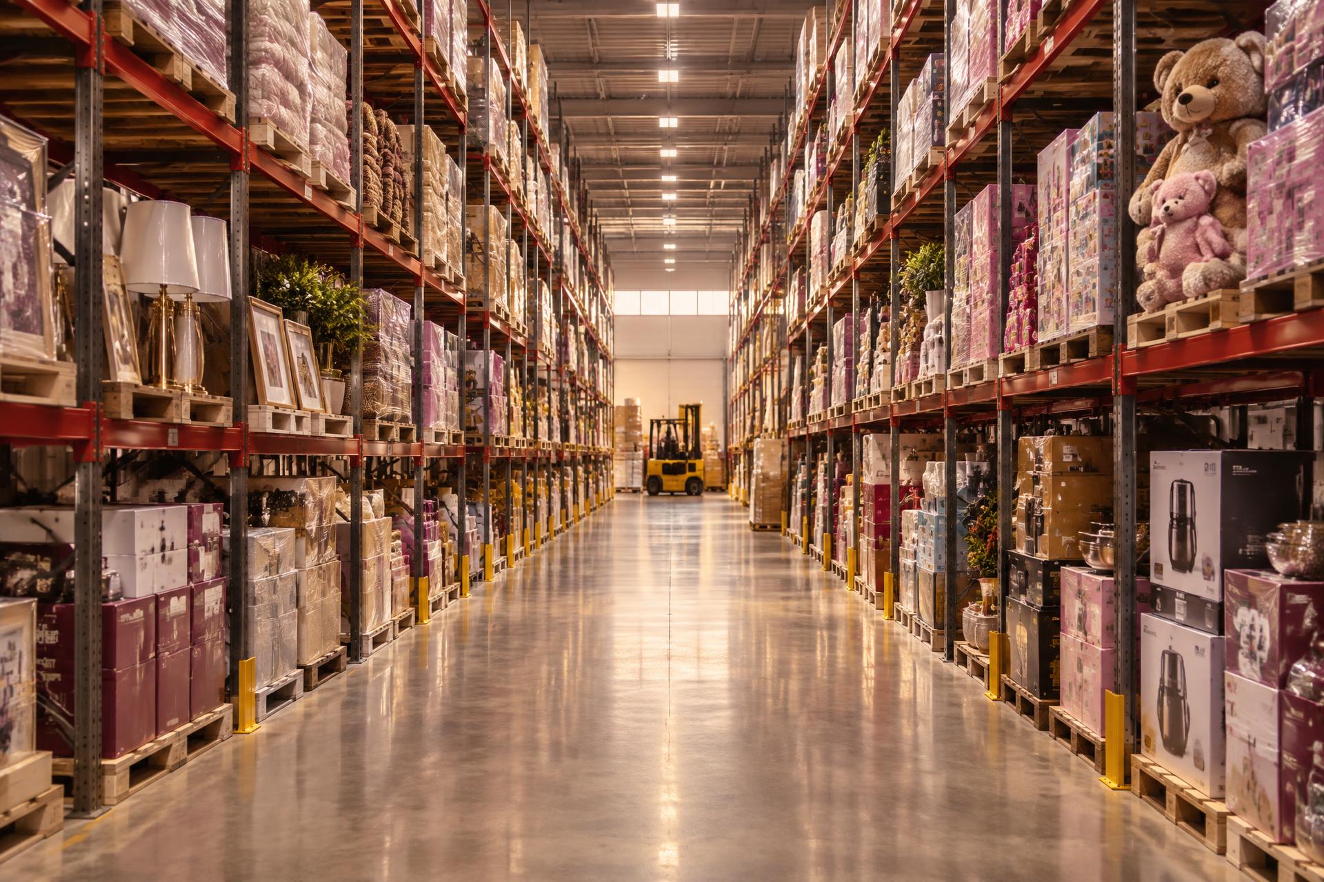 Pretty Packed Box liquidation warehouse aisle lined with shrink-wrapped pallets of mixed merchandise