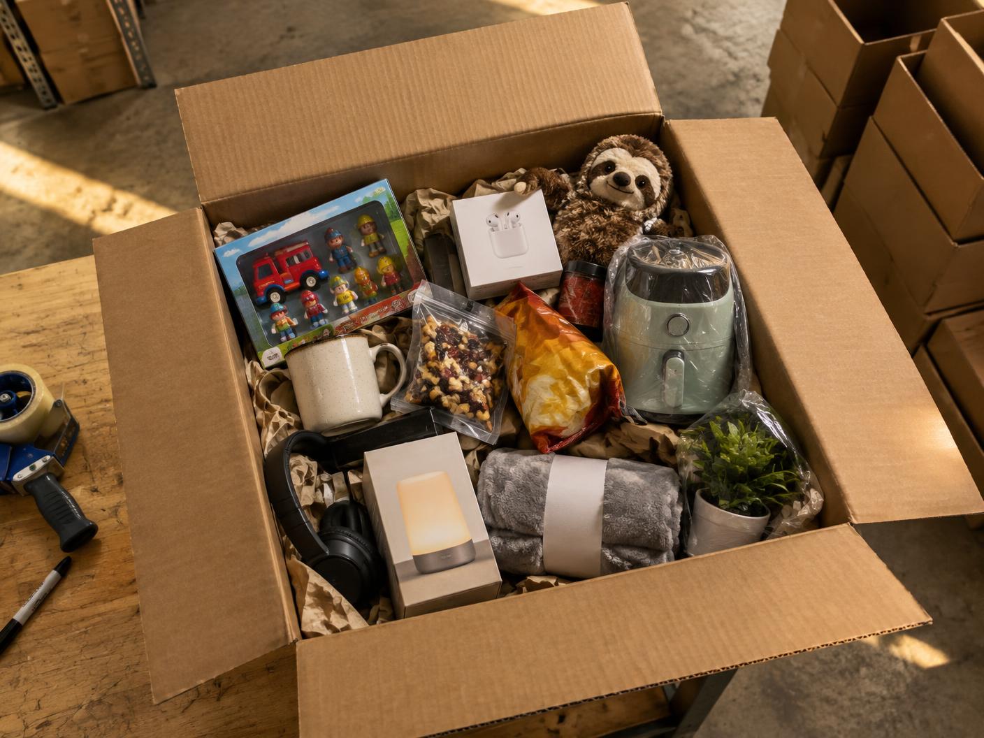 An open mystery box packed with assorted liquidation finds on a warehouse packing table