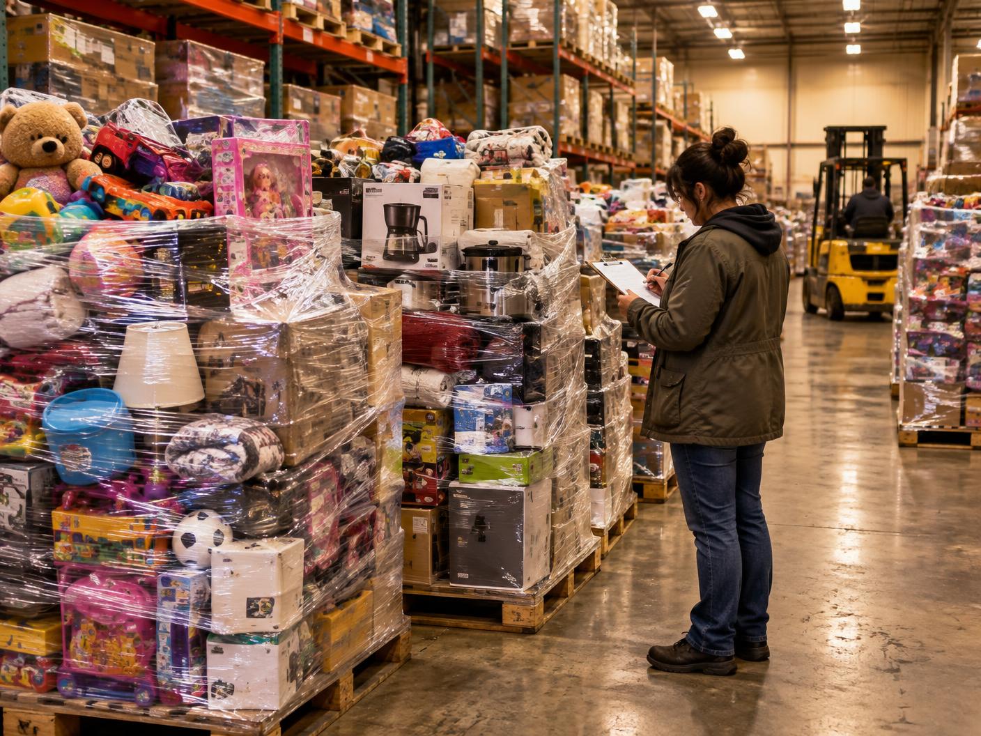Checking inventory beside shrink-wrapped pallets of mixed merchandise in a liquidation warehouse