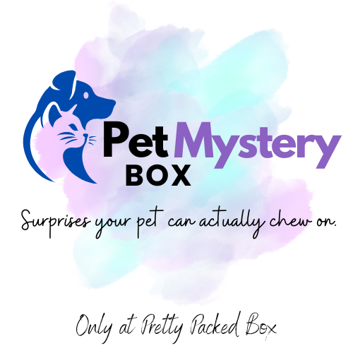 Pet mystery box for dogs and cats with toys, treats, and pet accessories from Pretty Packed Box.